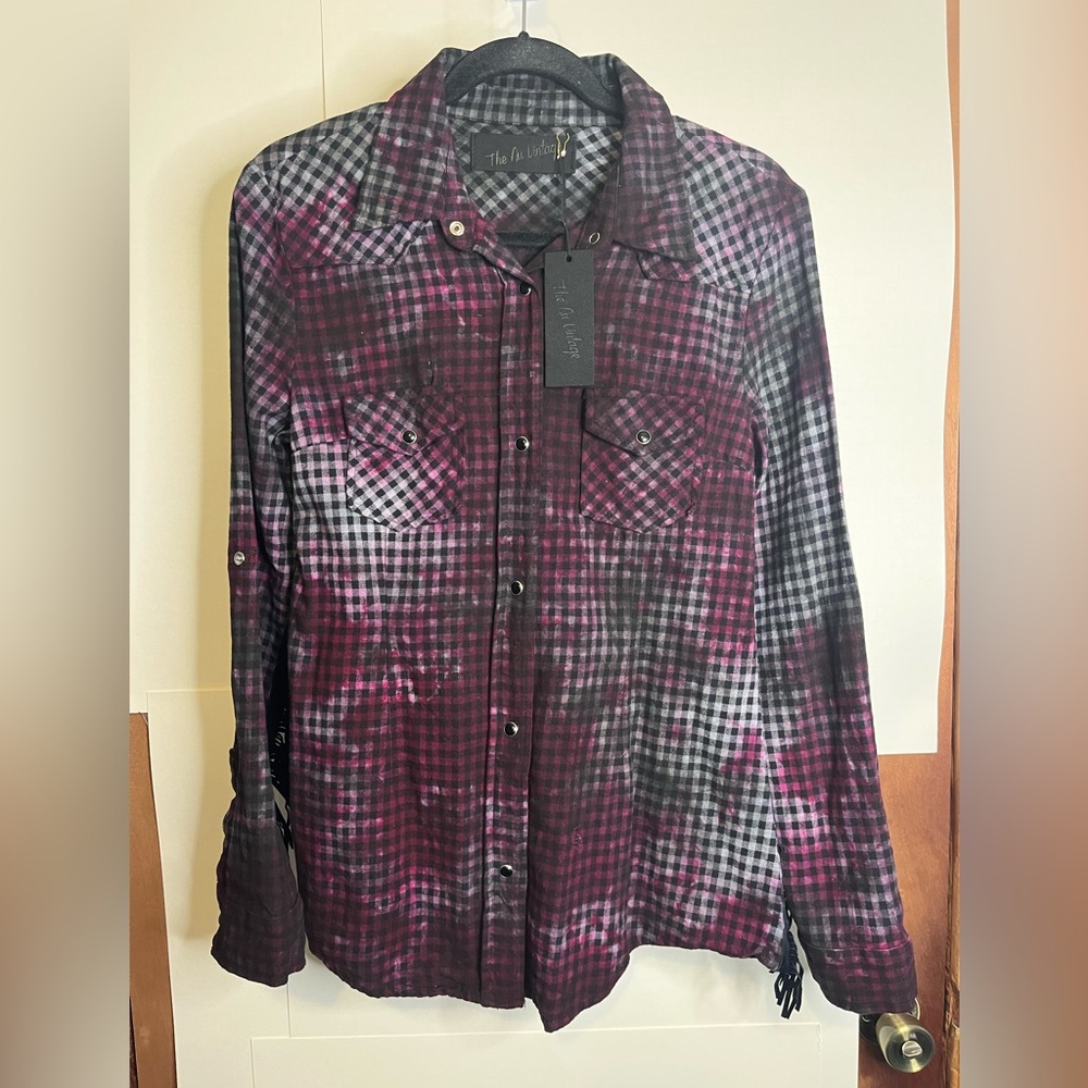 NWT The Nu Vintage Women’s Sz M Dyed Black & White Check Flannel Shirt w/ Fringe